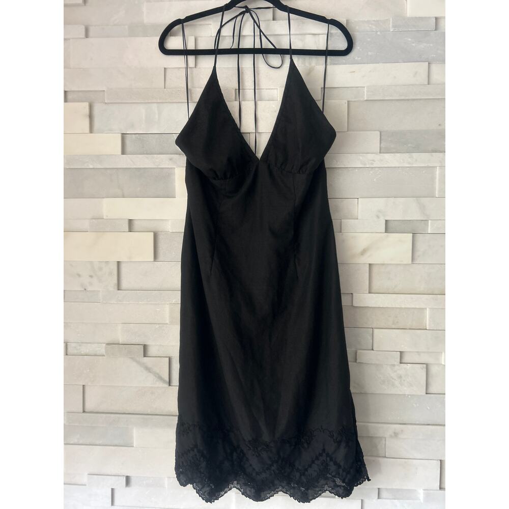 LILY CHEUNG Cotton Open Back V Neck Eyelet Lace Scallop Hem Black Dress 6
